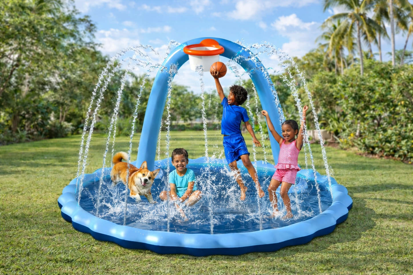 2-in-1 Inflatable Splash Pad with Basketball Hoop – Large Outdoor Sprinkler Pool for Kids