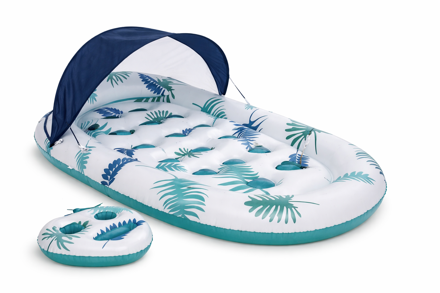 6FT Inflatable Pool Lounge with Foldable Canopy & Cooler – Tropical Leaf Design