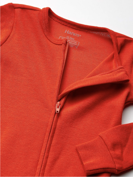 2-Pack Unisex Hanes Ultimate Baby Zippin® Sleep & Play Suits – 12–18 Months (Red & Grey Stripe)