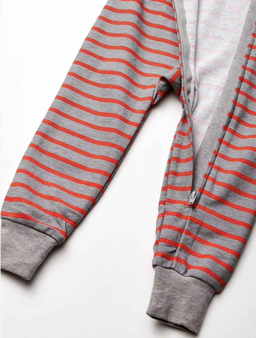 2-Pack Unisex Hanes Ultimate Baby Zippin® Sleep & Play Suits – 12–18 Months (Red & Grey Stripe)