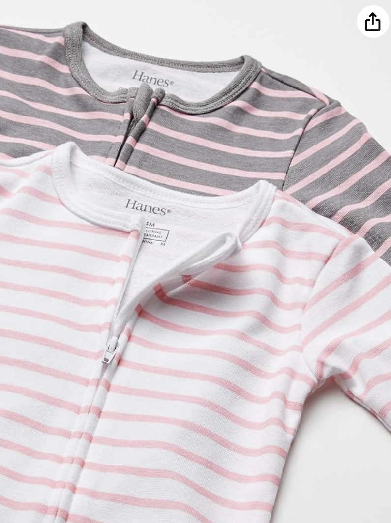 2-Pack Girls’ Hanes Ultimate Baby Zippin® Sleep & Play (12–18 Months, Grey & Pink Stripe)