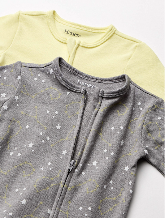 2-Pack Unisex Hanes Ultimate Baby Zippin® Sleep & Play (6–12 Months, Grey Stars & Yellow)