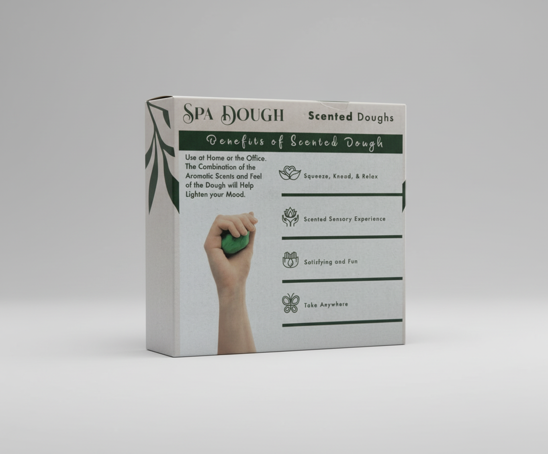 Spa dough product with benefits listed on a label
