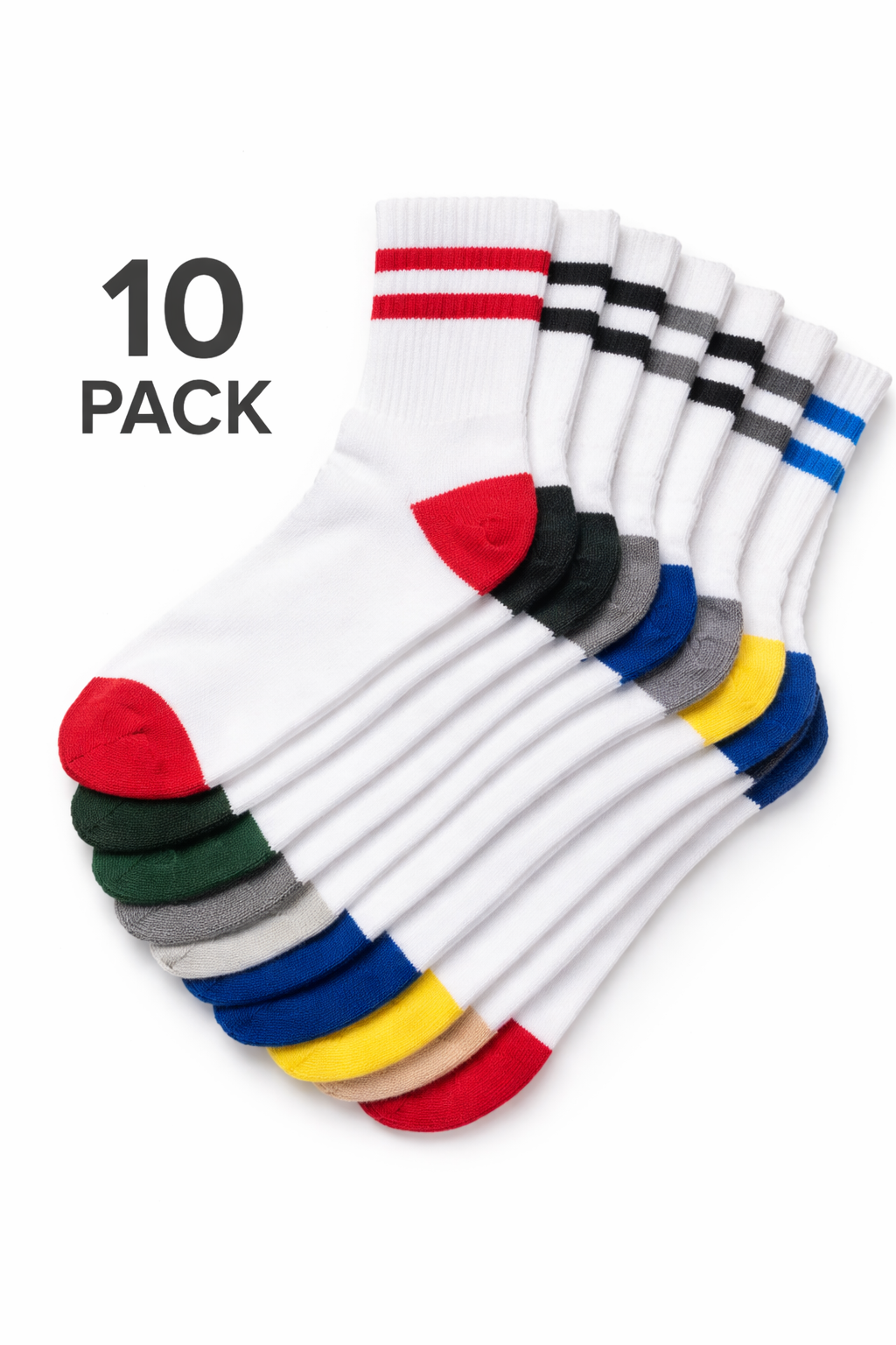 10-pair pack of kids crew socks in assorted colors.