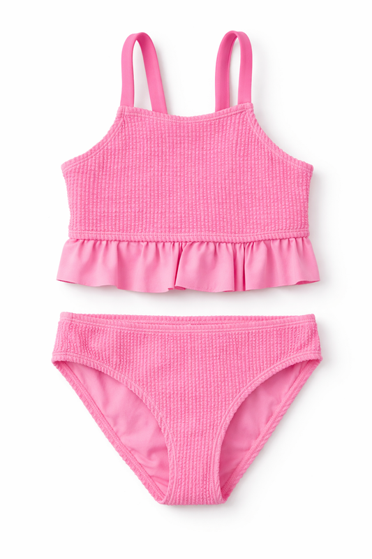 Girls Textured Ruffle Bikini Set – Pink