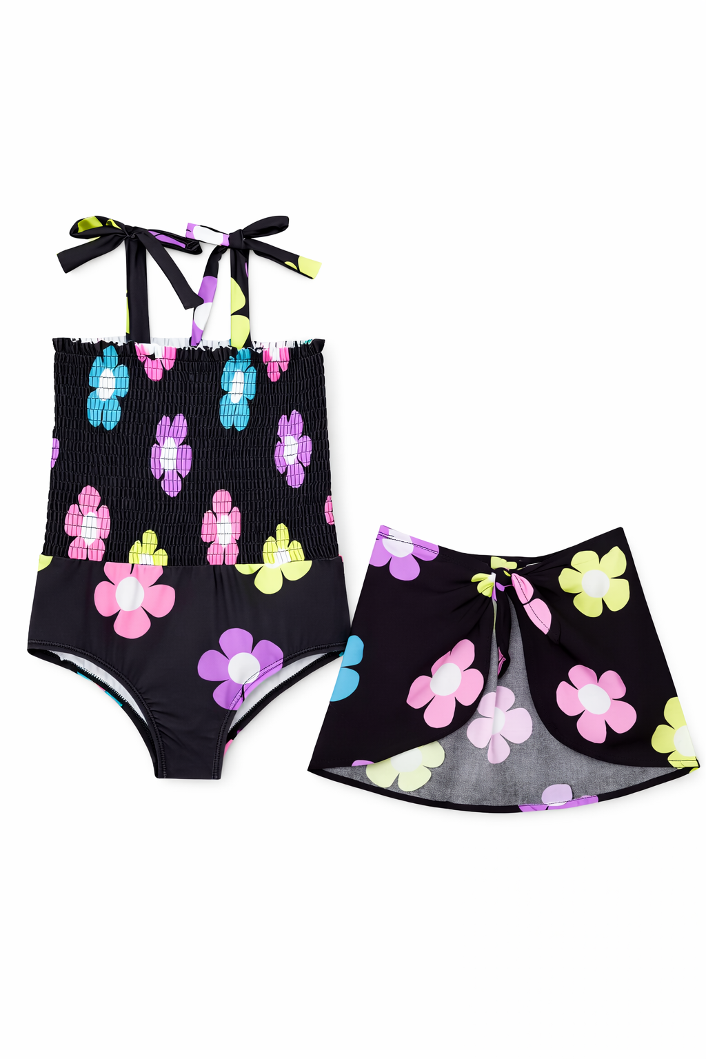 Girls Floral Smocked One-Piece Swimsuit with Sarong Cover-Up