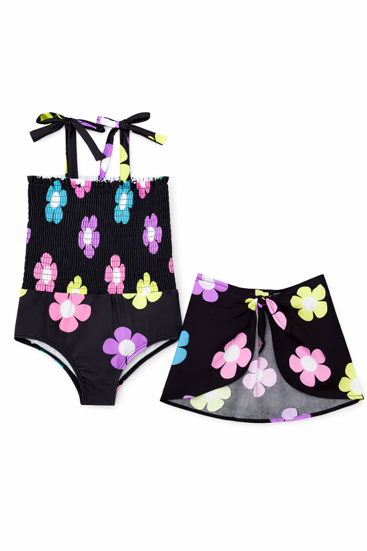 Girls Floral Smocked One-Piece Swimsuit with Sarong Cover-Up