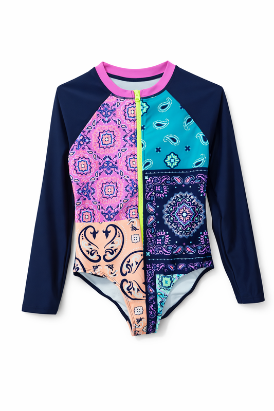 Girls Patchwork Long-Sleeve Rashguard One-Piece Swimsuit