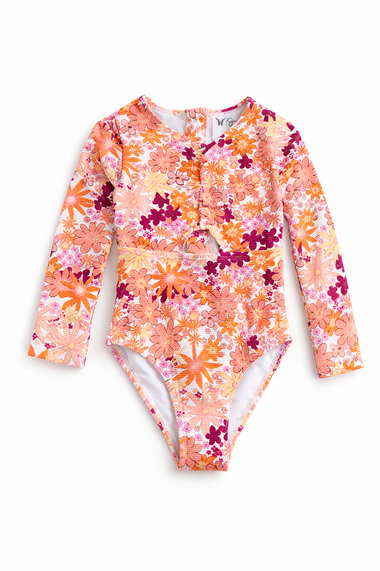 Girls’ Long Sleeve Floral One-Piece Swimsuit – Size 4/5