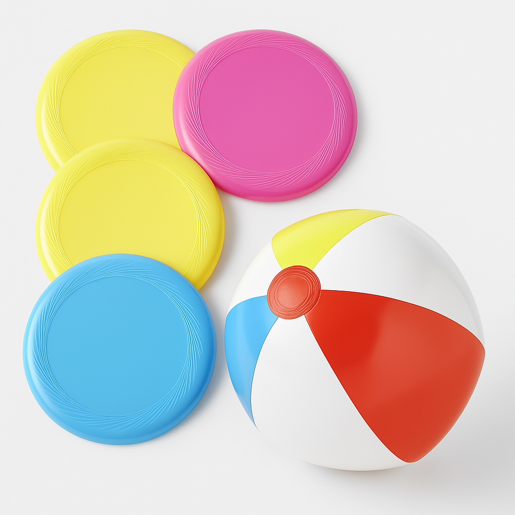 4-Pack Flying Discs + 14" Beach Ball Set – Outdoor Fun Bundle