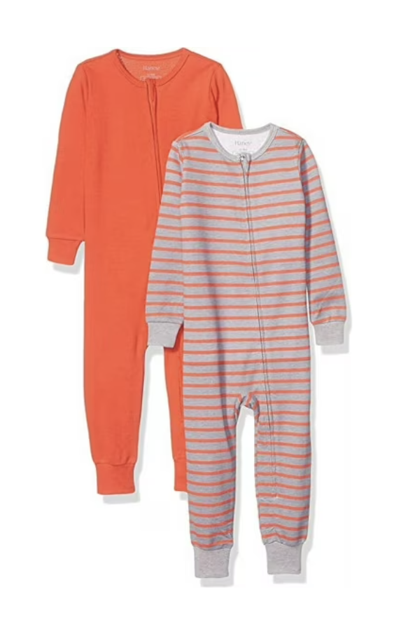 2-Pack Unisex Hanes Ultimate Baby Zippin® Sleep & Play Suits – 12–18 Months (Red & Grey Stripe)