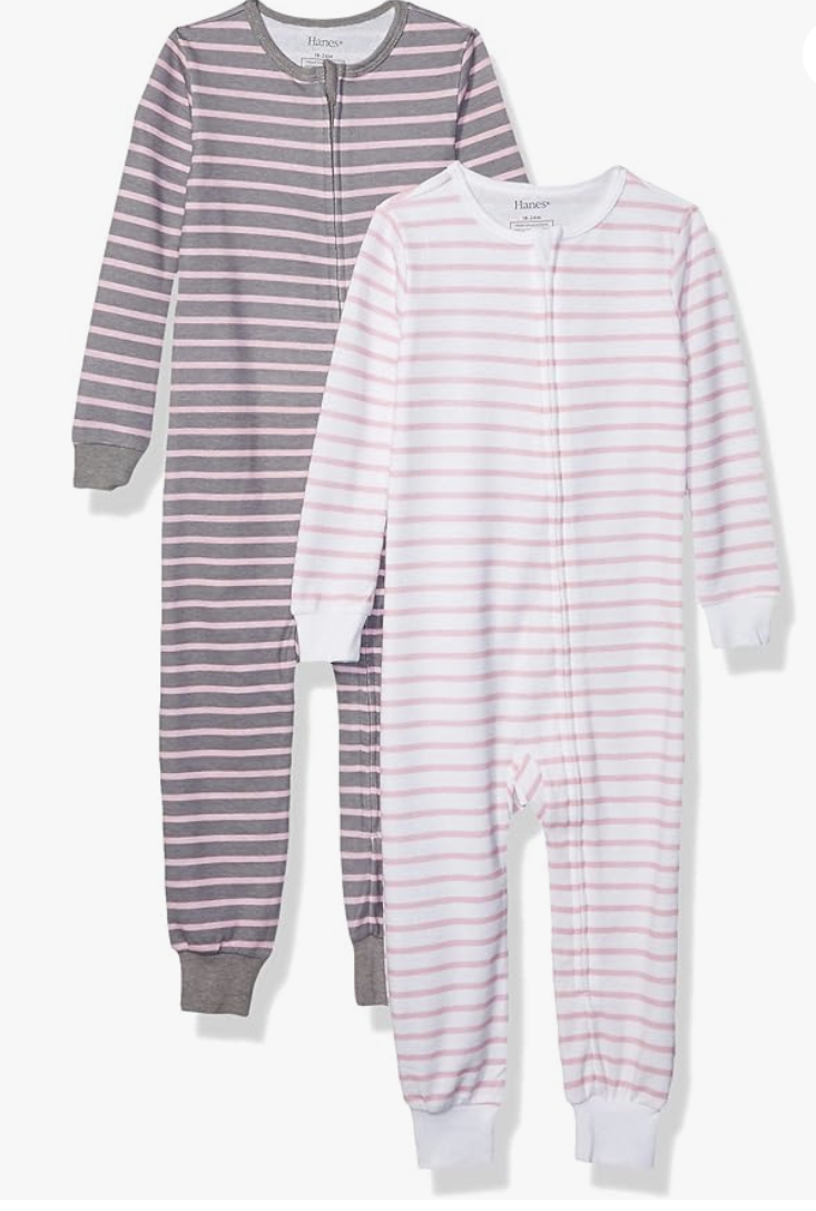 2-Pack Girls’ Hanes Ultimate Baby Zippin® Sleep & Play (12–18 Months, Grey & Pink Stripe)