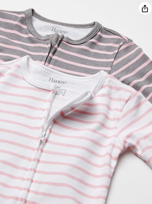2-Pack Girls’ Hanes Ultimate Baby Zippin® Sleep & Play (12–18 Months, Grey & Pink Stripe)