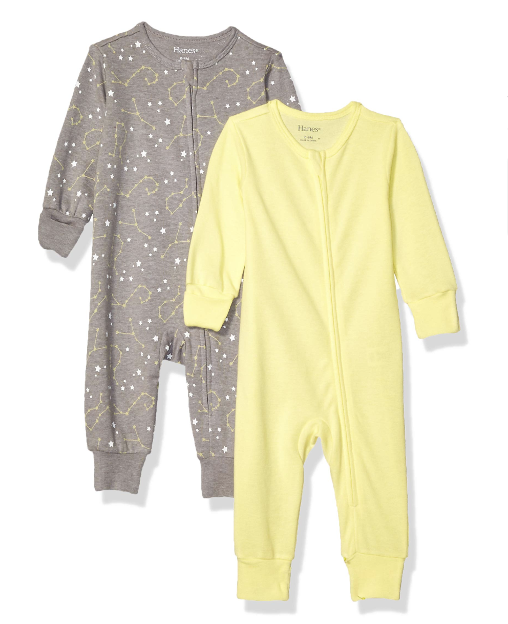 2-Pack Unisex Hanes Ultimate Baby Zippin® Sleep & Play (6–12 Months, Grey Stars & Yellow)