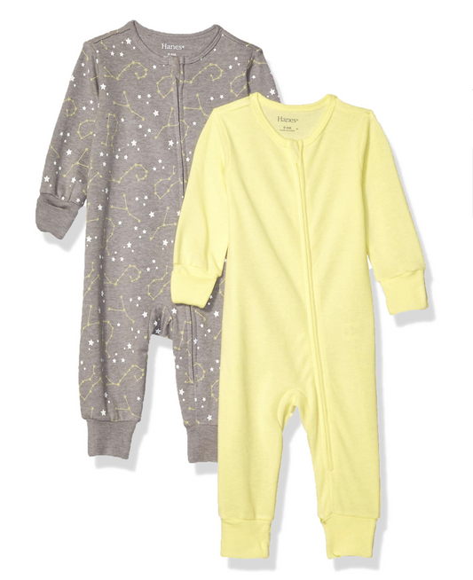 2-Pack Unisex Hanes Ultimate Baby Zippin® Sleep & Play (6–12 Months, Grey Stars & Yellow)