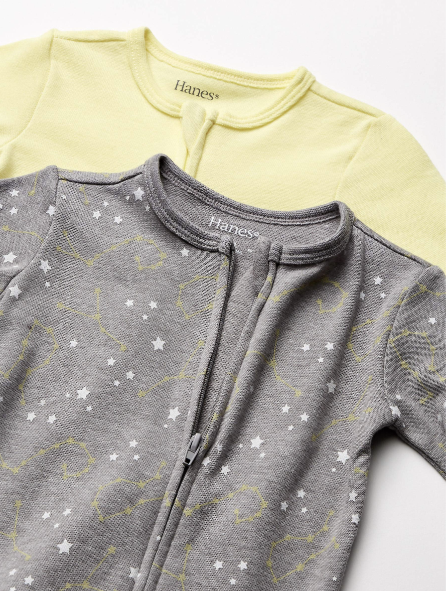 2-Pack Unisex Hanes Ultimate Baby Zippin® Sleep & Play (6–12 Months, Grey Stars & Yellow)