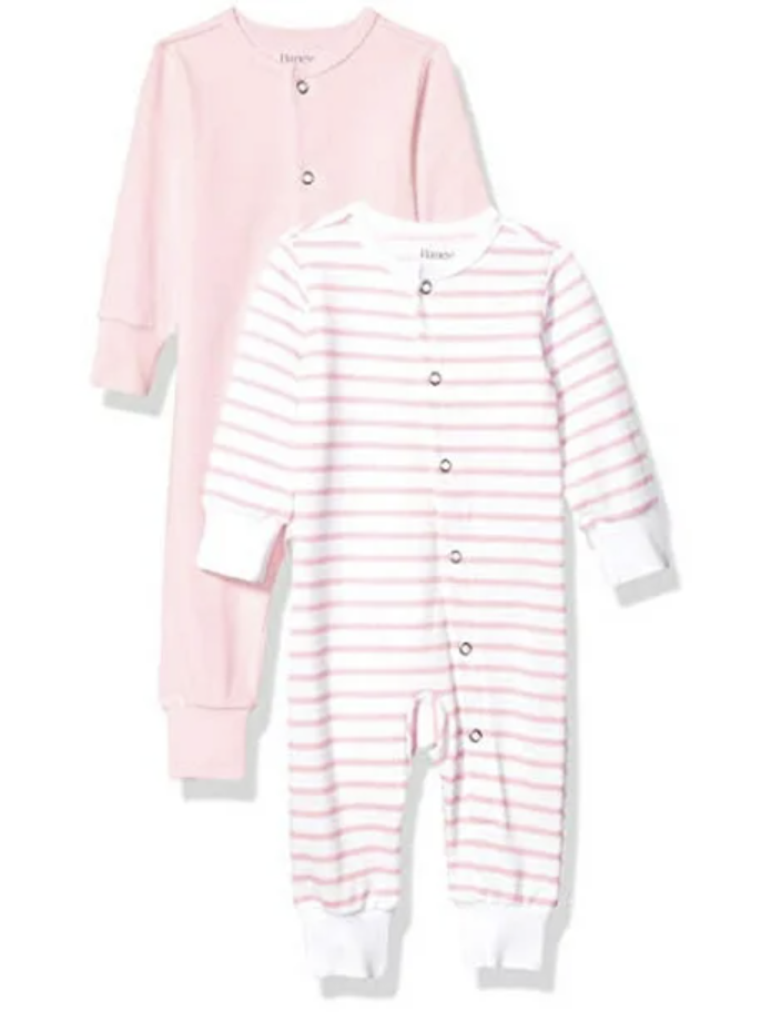 2-Pack Girls’ Hanes Ultimate Baby Flexy® Pajamas – Play & Sleep (18–24M, Light Pink Stripe)