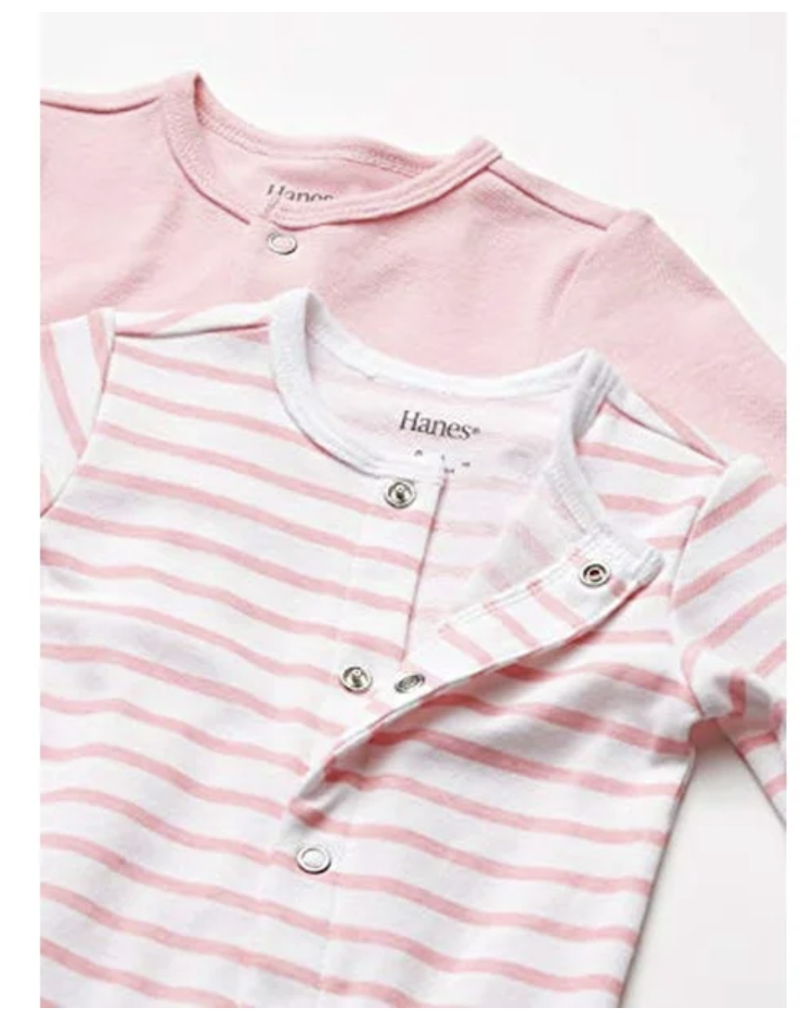 2-Pack Girls’ Hanes Ultimate Baby Flexy® Pajamas – Play & Sleep (18–24M, Light Pink Stripe)