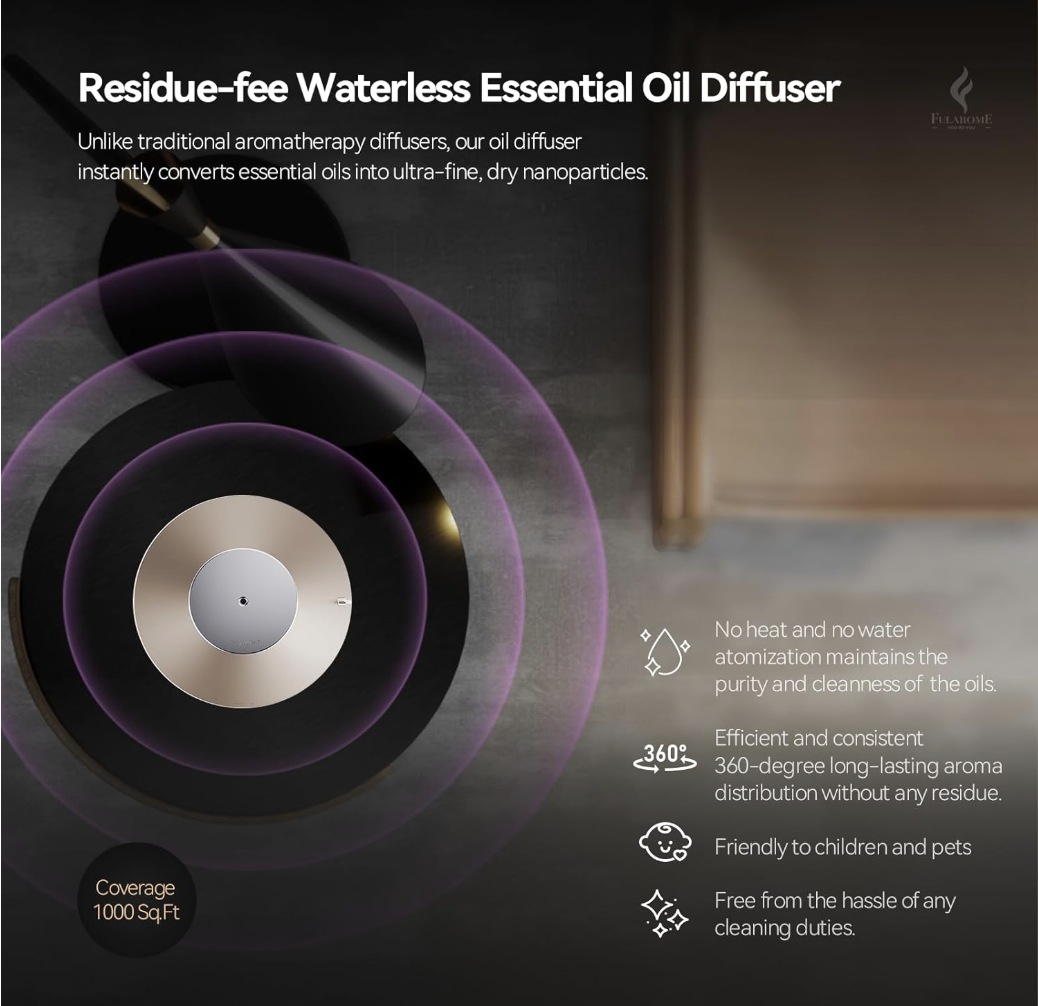 Wireless Essential Oil Diffuser, Smart Bluetooth Diffuser, Waterless Cold Air Diffusion 1000 Sq.ft, Rechargeable Aromatherapy Diffuser