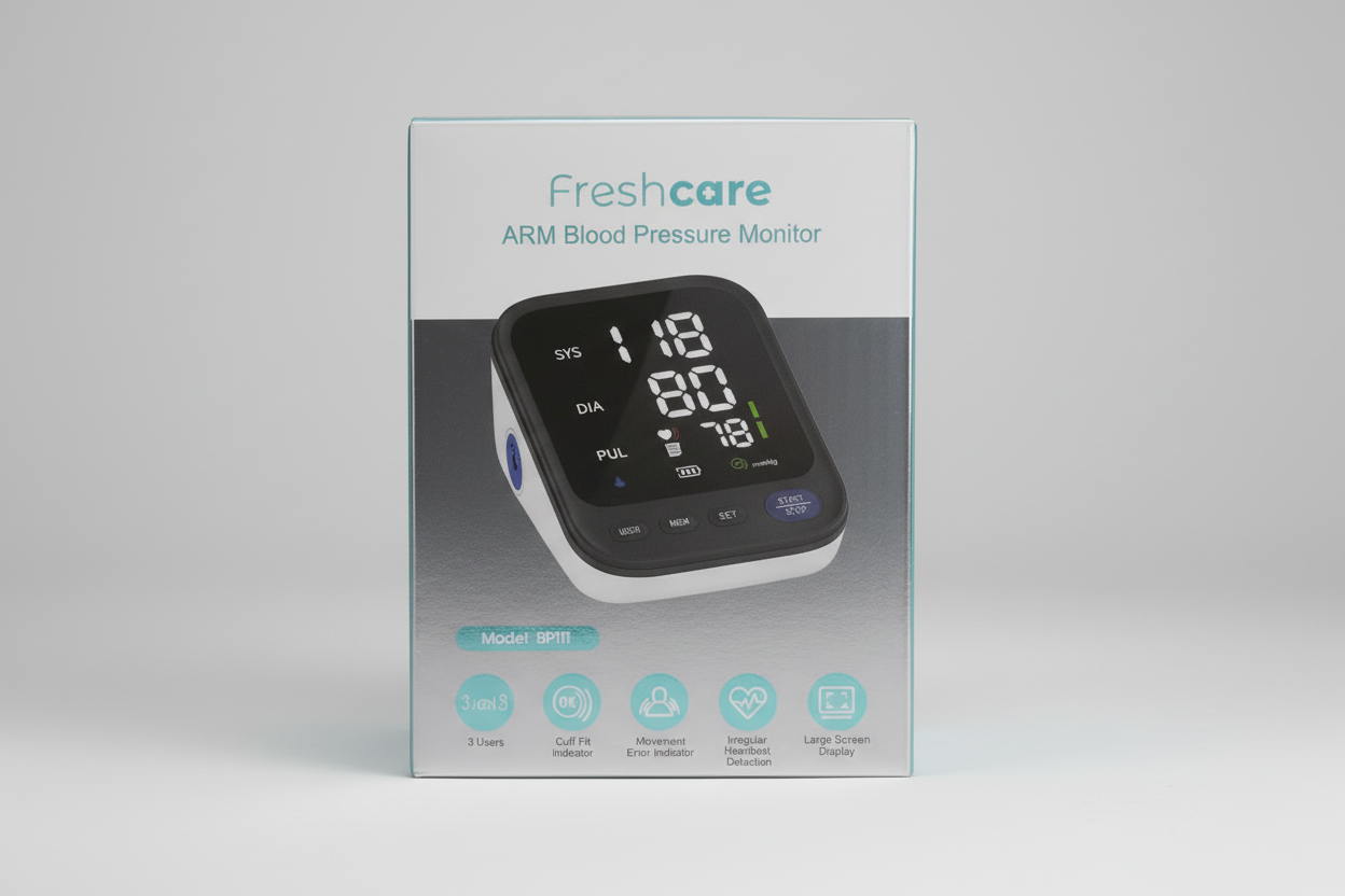 Box of Freshcare Arm Blood Pressure Monitor with digital display on a white background
