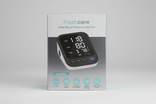 Box of Freshcare Arm Blood Pressure Monitor with digital display on a white background